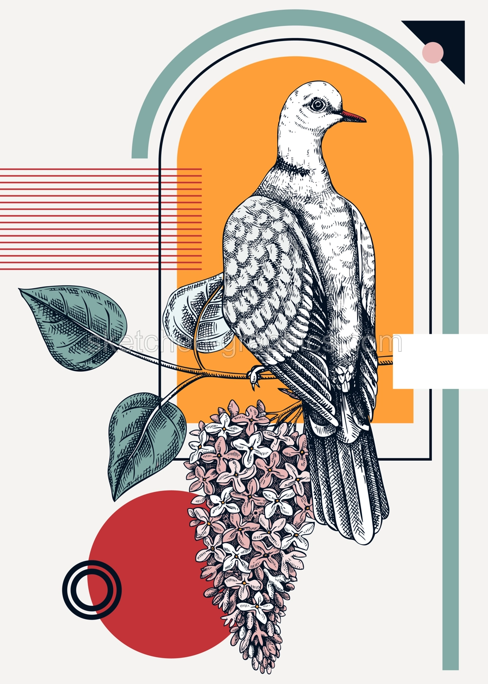 Collage-style bird card. Sketched dove trendy poster. Creative designs with bird sketch, botanical illustrations, geometric shapes, and abstract elements for nature print, wall art, packaging.  Illustration
